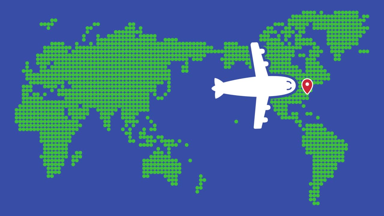este es un video animado (loopable) de una imagen de viajes internacionales en avión.