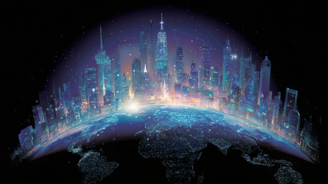 Animation of a smart city with a glowing skyline rising from a luminous planet Earth, representing concepts of globalization, advanced technology, and worldwide digital connection at night