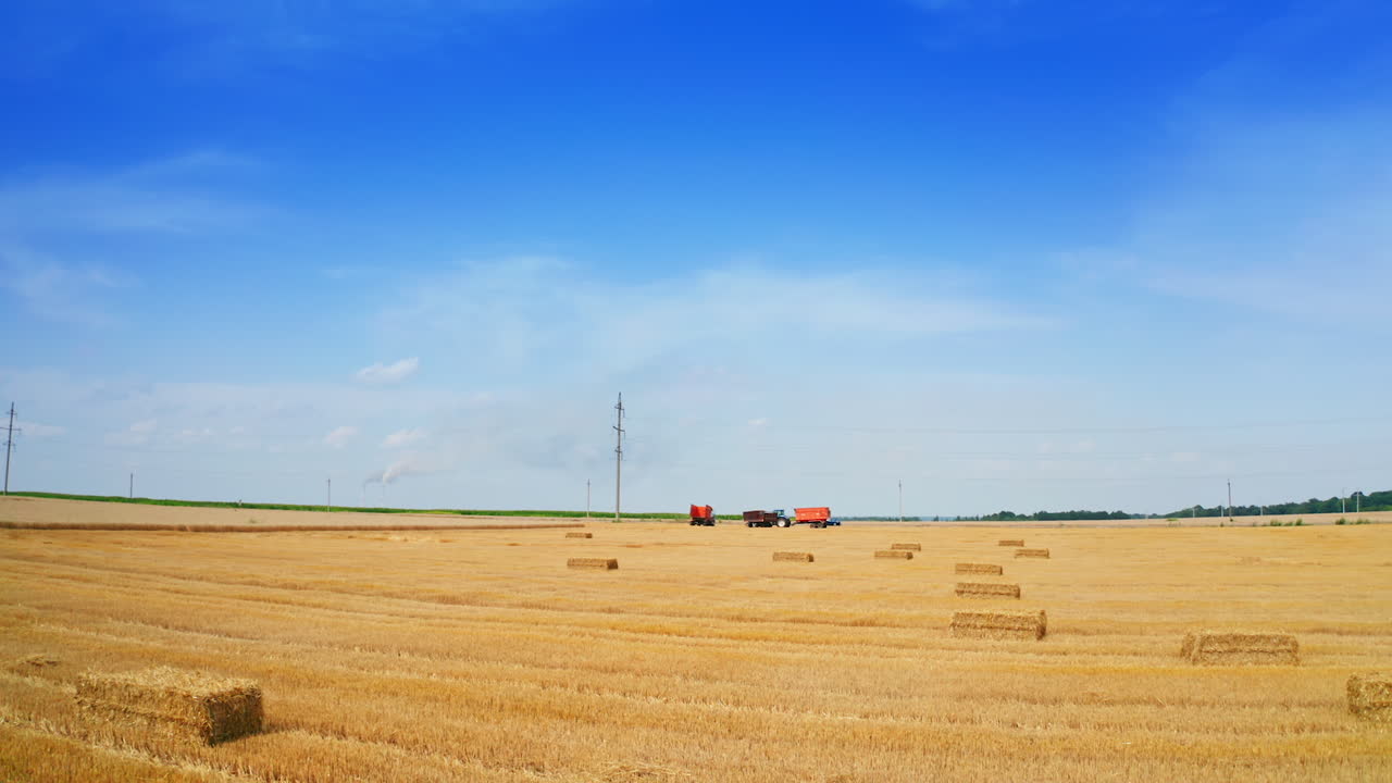 Cut wheat plantation with hay bales on it. Agricultural machinery standing in the field at the backdrop. Blue sky background.