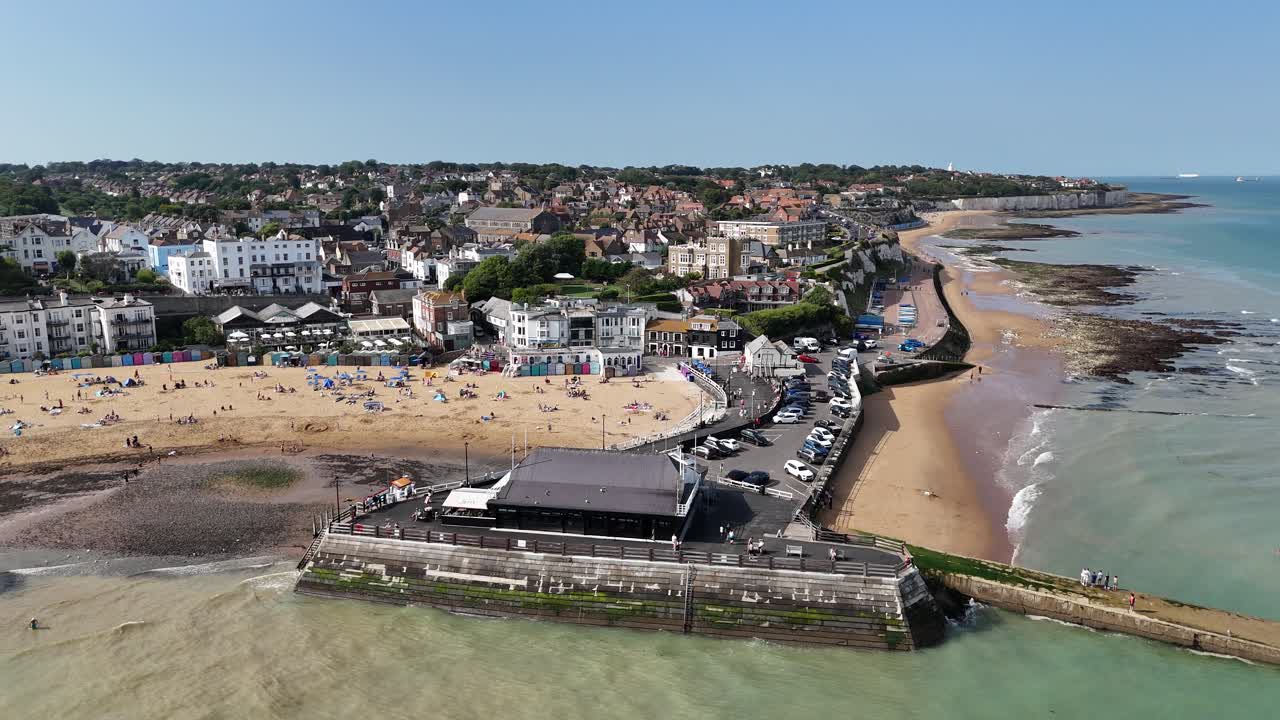 Broadstairs Kent seaside town UK panning drone,aerial harbour