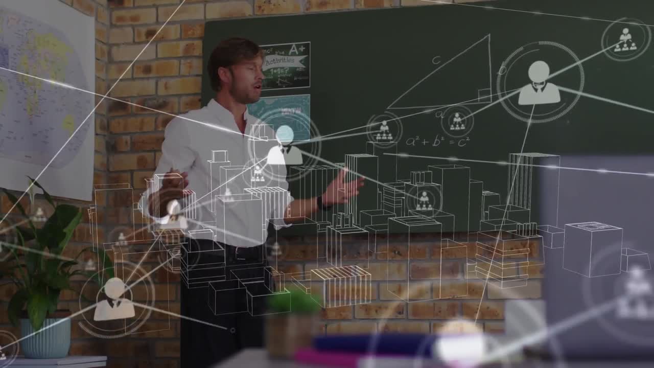 animación de procesamiento de datos con conexiones e iconos sobre empresario caucásico
