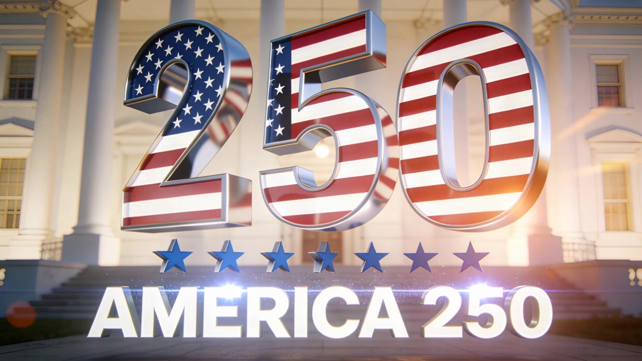 Un numero 3D "250" che ruota rivelando "AMERICA 250" sui gradini di un edificio governativo, con il sole che crea un effetto lens flare e stelle blu.