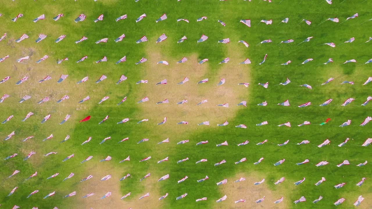 Bird's Eye View Of Flags Displayed Honoring The Lives Lost On September 11 Attacks At Pepperdine University In Malibu - drone shot