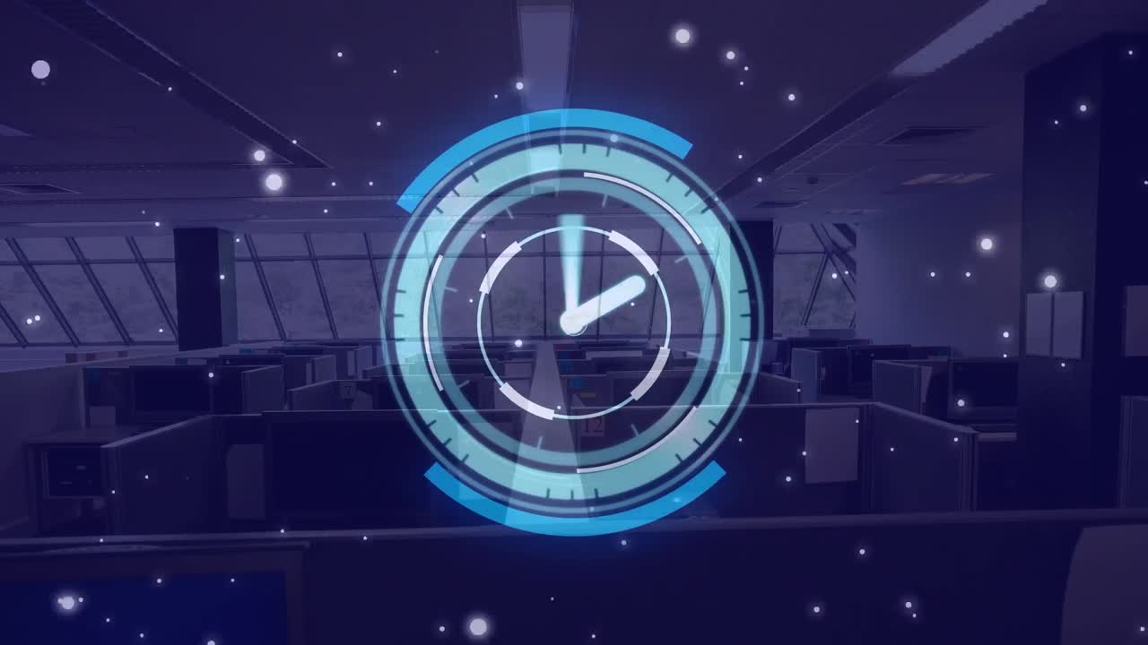 animación de reloj moviéndose sobre escritorios de oficina con computadoras