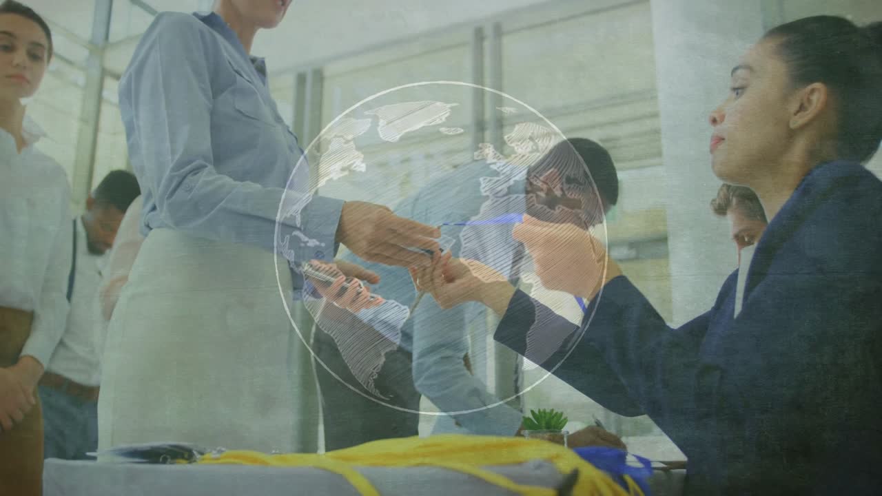 Receptionist scanning ID upon guest presenting pass at event desk with transparent globe rotating