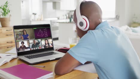 Video-De-Un-Niño-Afroamericano-Con-Auriculares-Recibiendo-Lecciones-En-Línea-En-Una-Computadora-Portátil