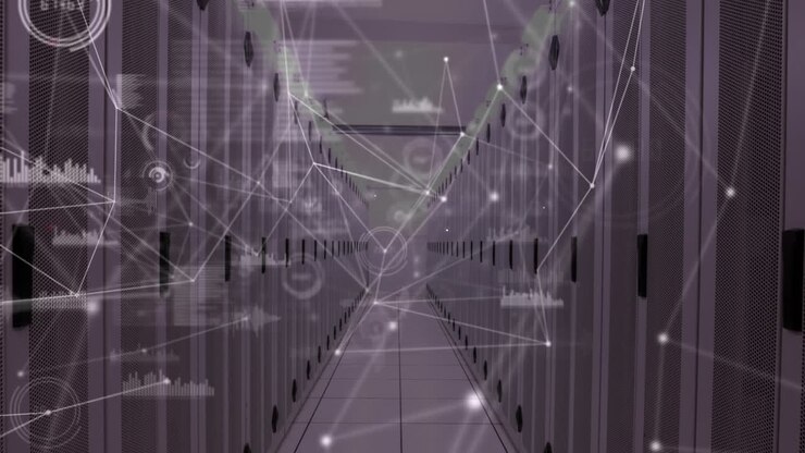Animation of network of connections with people icons, data processing over computer servers