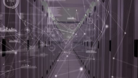 animation of network of connections with people icons, data processing over computer servers