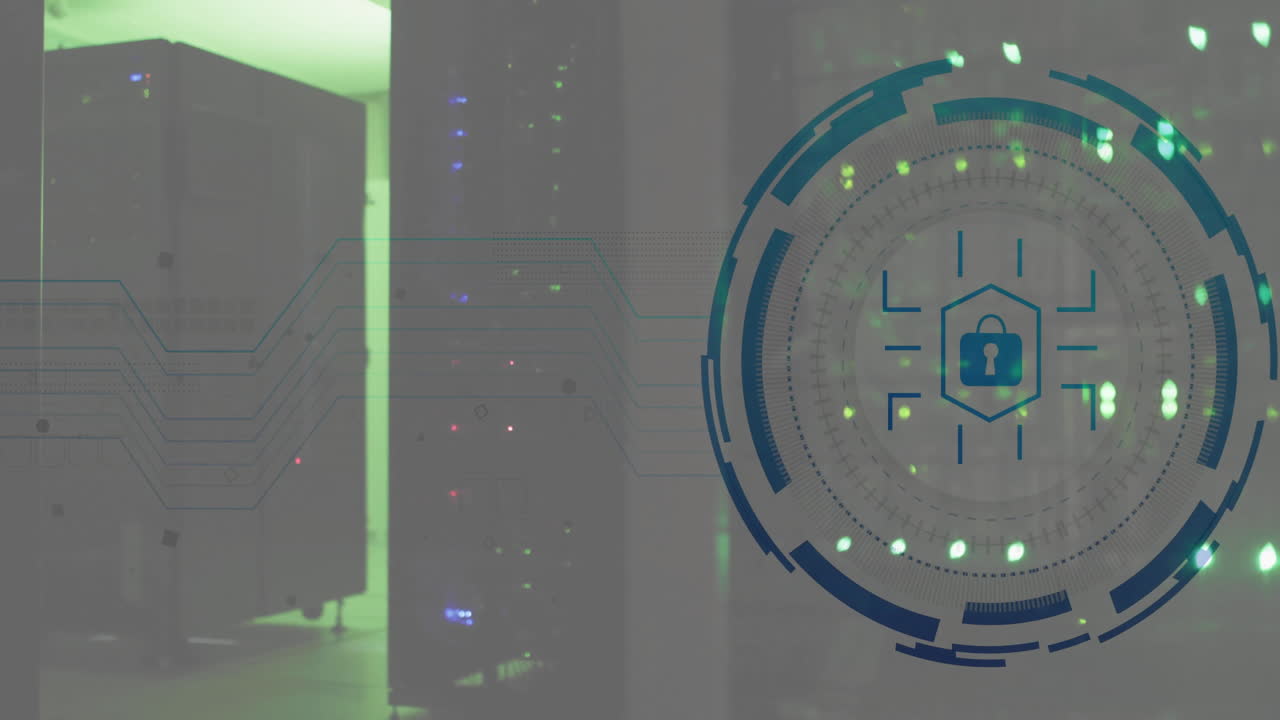 анимация сканирования объекта с значком замка над серверной комнатой