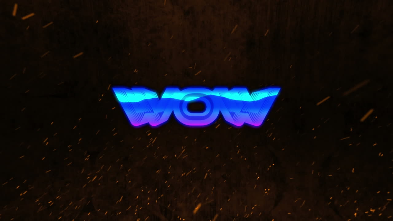 animación del efecto glitch sobre banner de texto wow contra partículas marrones que vuelan sobre fondo negro