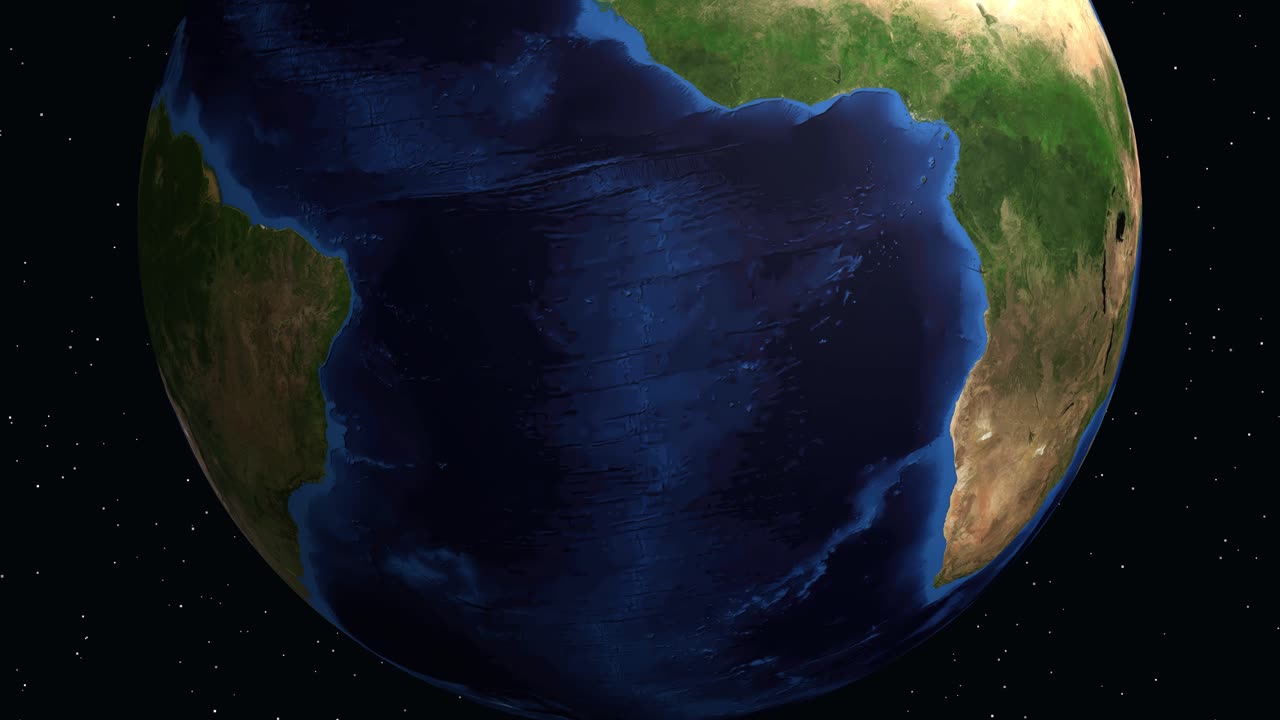 A rotating Earth zooms into South America, highlighting Porto Seguro, Brazil with informational text overlays