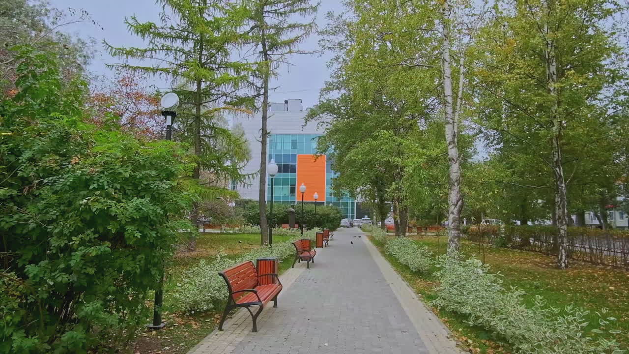 City Park with Modern Building in Autumn