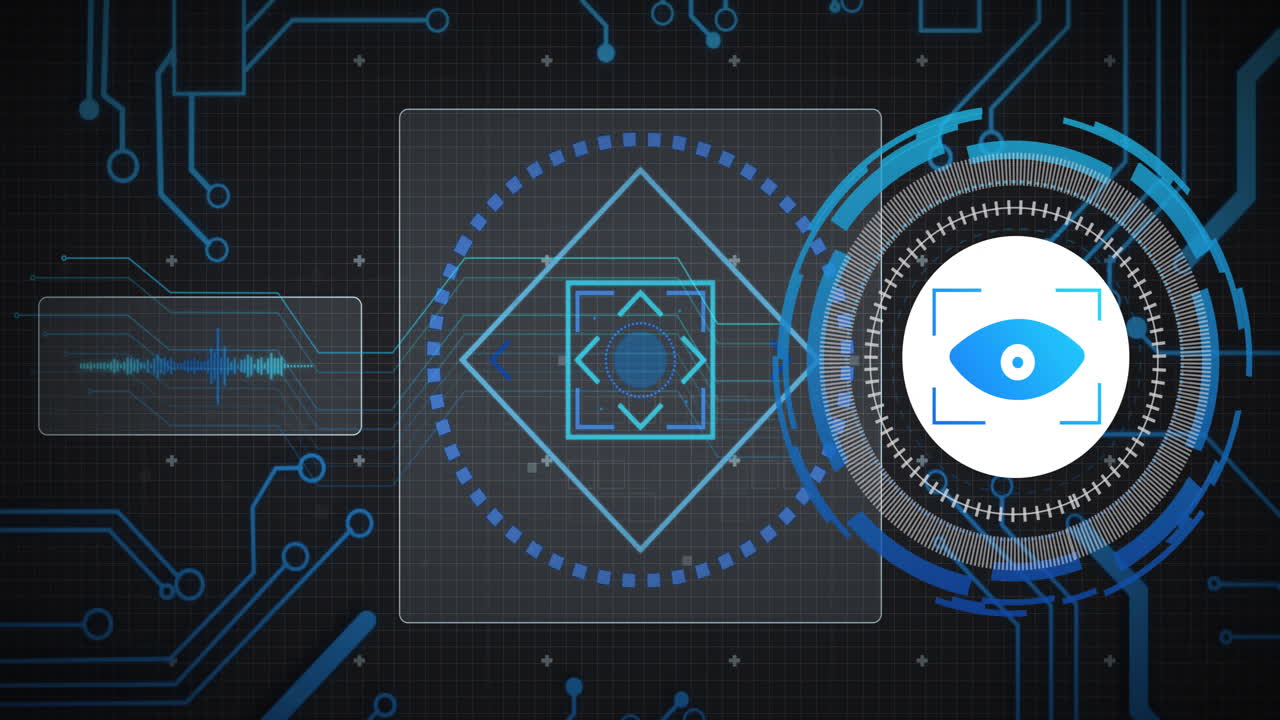 Animation of network and scanners, with retina scan icon and charts processing data on black
