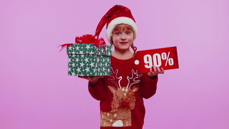 Girl-kid-in-Christmas-hat-showing-gift-box-and-90-Percent-discount-inscriptions-banner-text-note