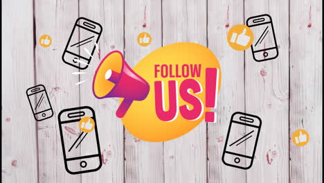 animation of media icons and follow us text on wooden background