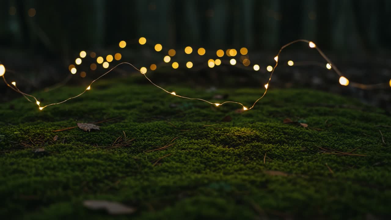 A Serene Display of Twinkling Lights on Lush Green Moss, Creating a Dreamy Atmosphere in a Mystical Forest Surrounding