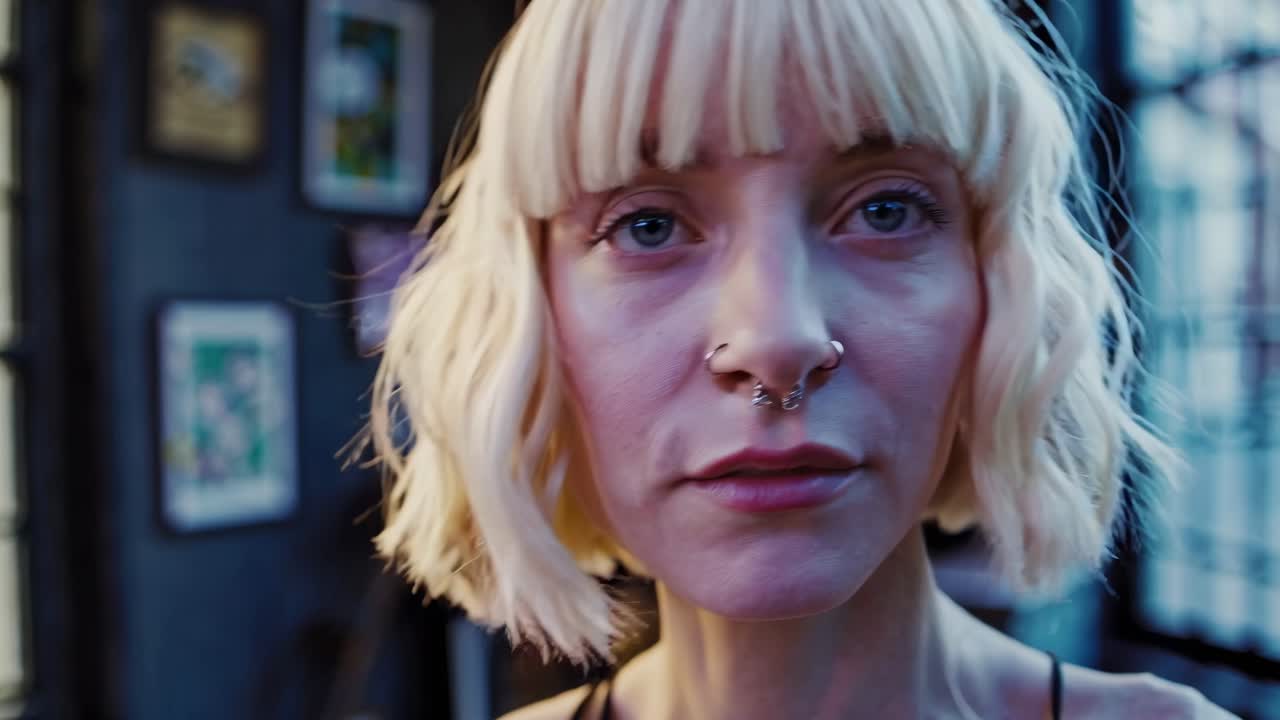Close-up video shot of a person with a modern, edgy style, featuring blonde hair and piercings