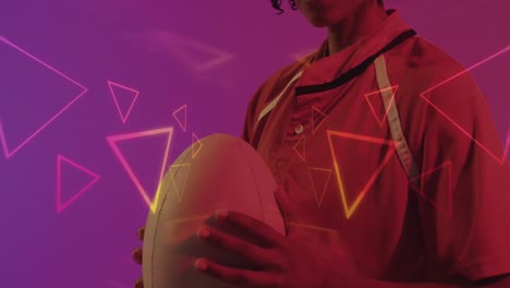 animación de triángulos de neón sobre una jugadora de rugby femenina en fondo de neón.