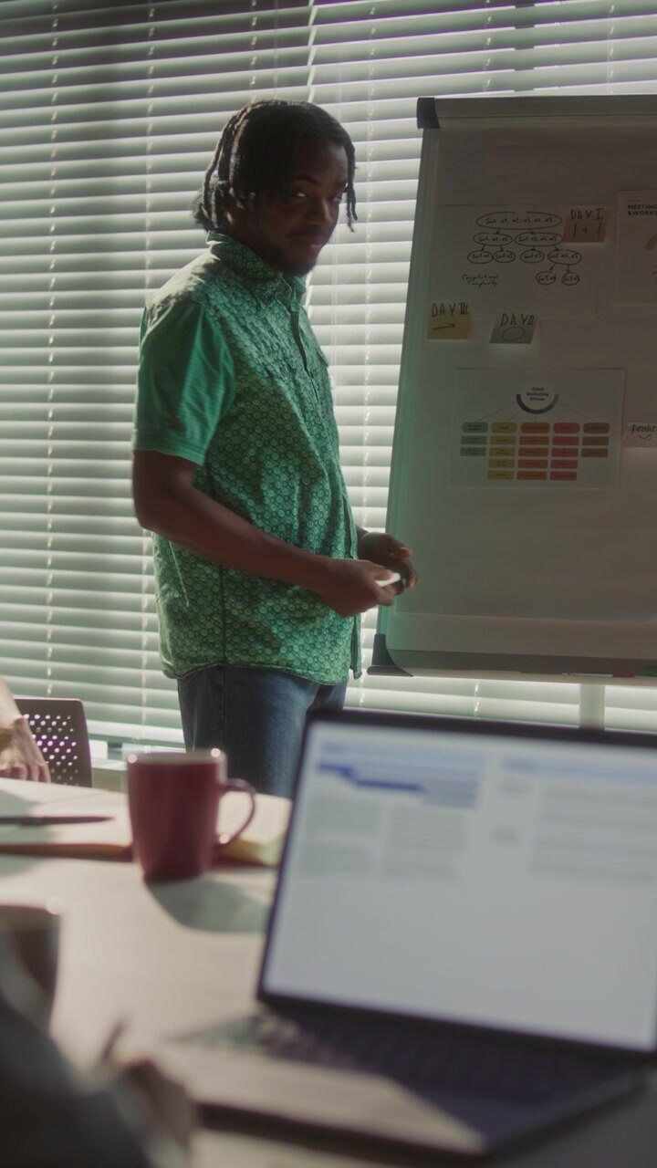 Pebisnis muda menunjuk ke arah flipchart dan memberikan presentasi kepada tim