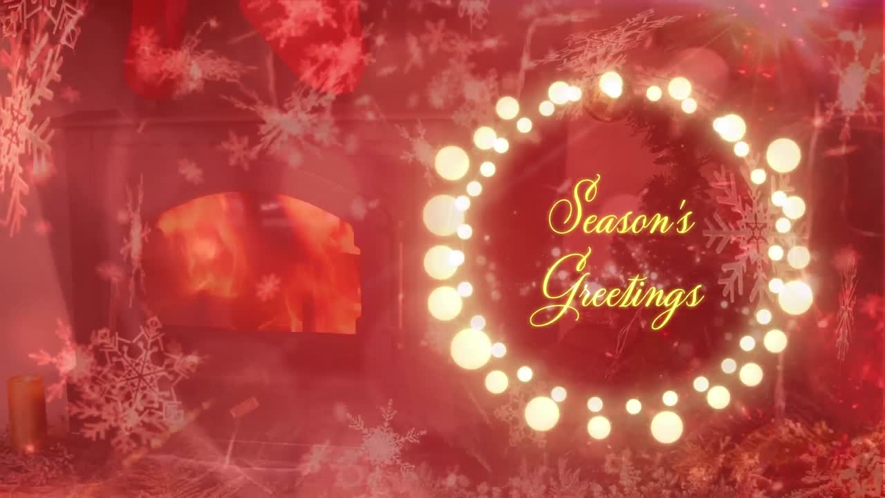 Animation of season's greetings text over fireplace and snowflakes on black background