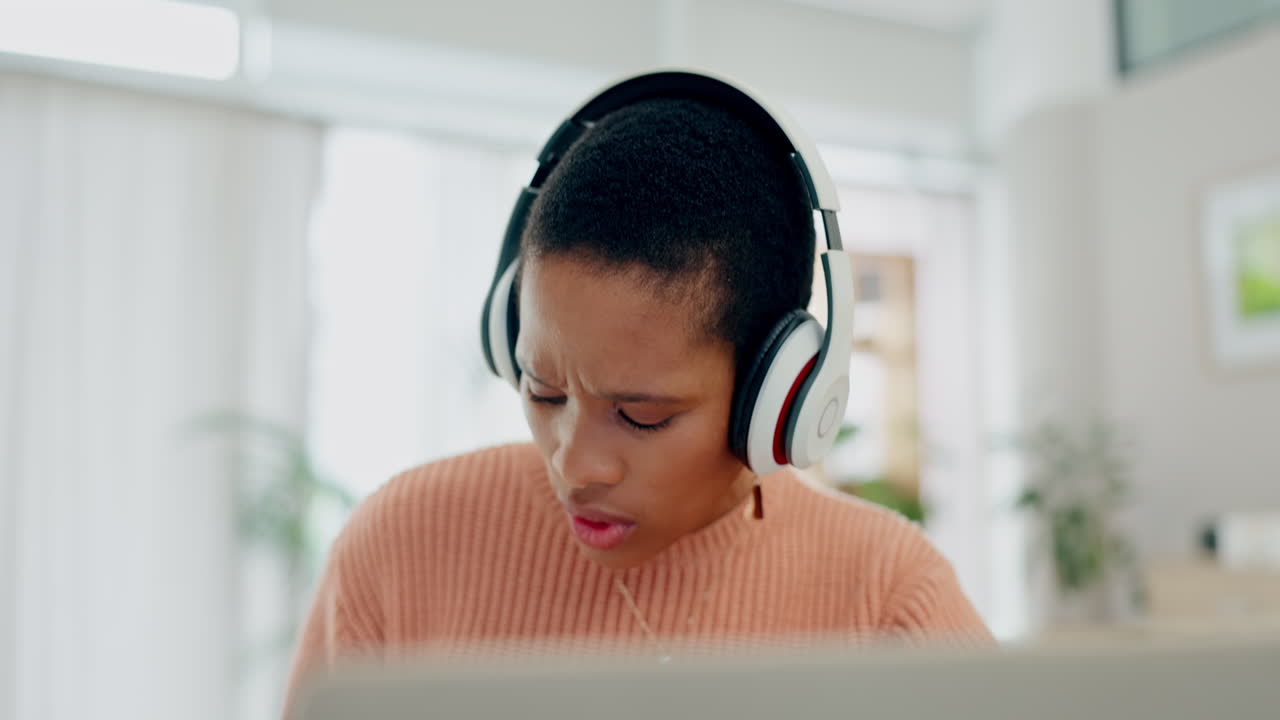Remote work, writing or black woman in headphones