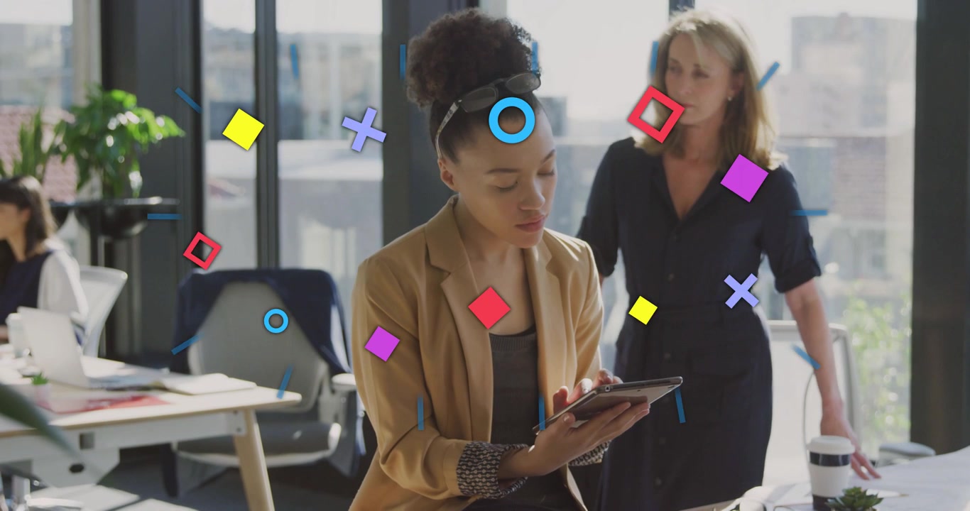 Seated woman tapping tablet causing shapes animating around pulsing and showing business data
