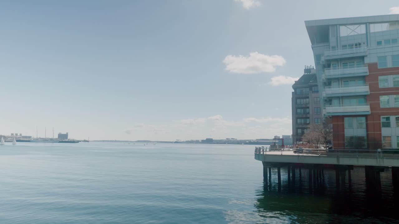 Waterfront Hotel Building On Sunny Day In Downtown Boston, Massachusetts, USA. static shot