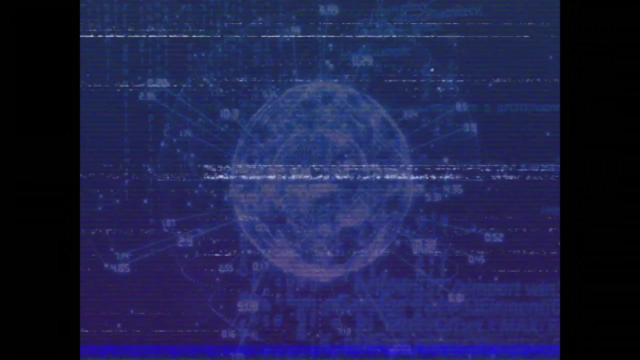 Scan line starting wireframe globe rotating with labels shifting and glitch lines displaying feed