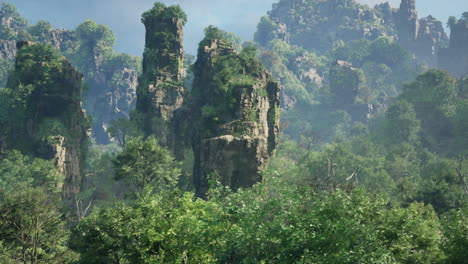 tall rock formations rising from a lush forest