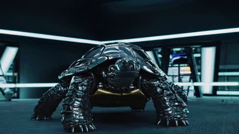 metallic turtle in futuristic gym