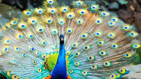 un pavo real con sus plumas extendidas por el suelo