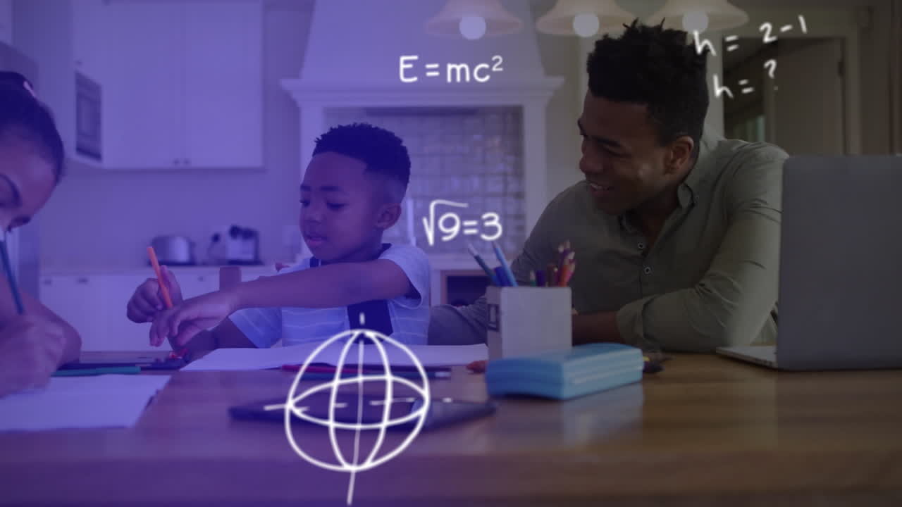 Animation of maths equations over father helping son and daughter with homework