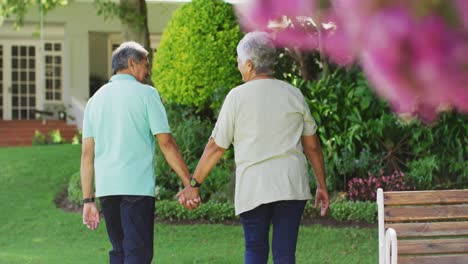 Video-of-back-view-of-biracial-senior-couple-holding-hands-in-garden