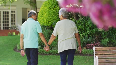 Video-De-Vista-Posterior-De-Una-Pareja-Birracial-De-Ancianos-Tomados-De-La-Mano-En-El-Jardín.