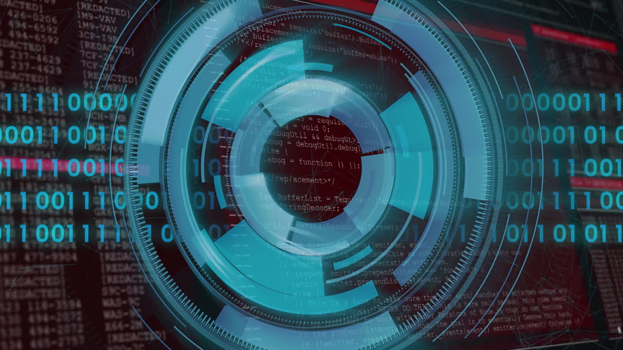 Rotating blue circles in animation over computer code on digital interface