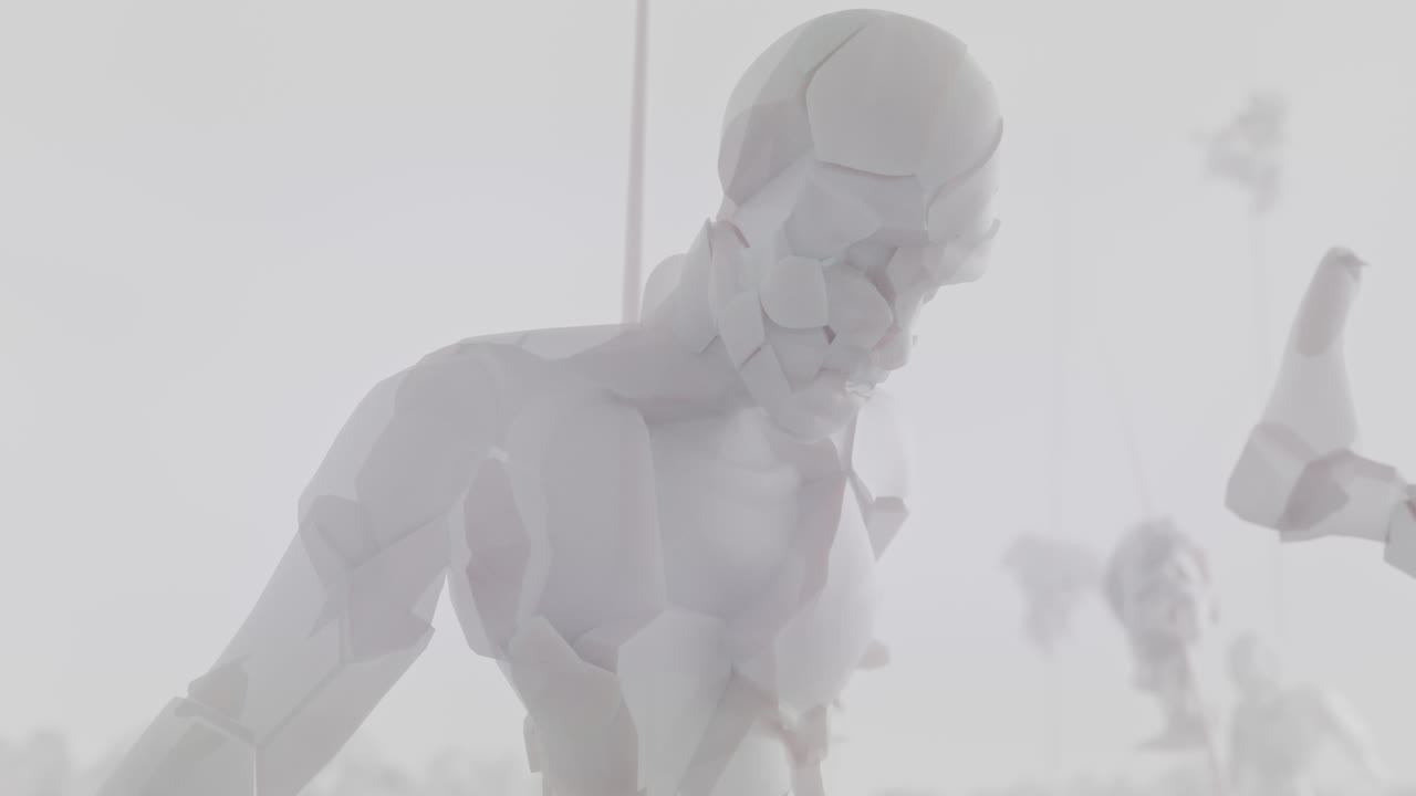 Destroyed android shells on spikes on a foggy junkyard