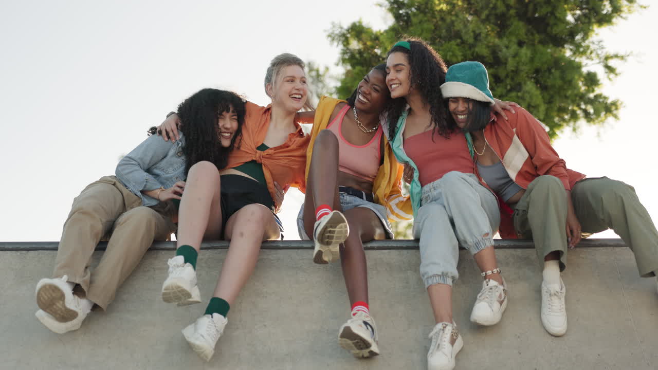 amigos, grupo y abrazo al aire libre con risas