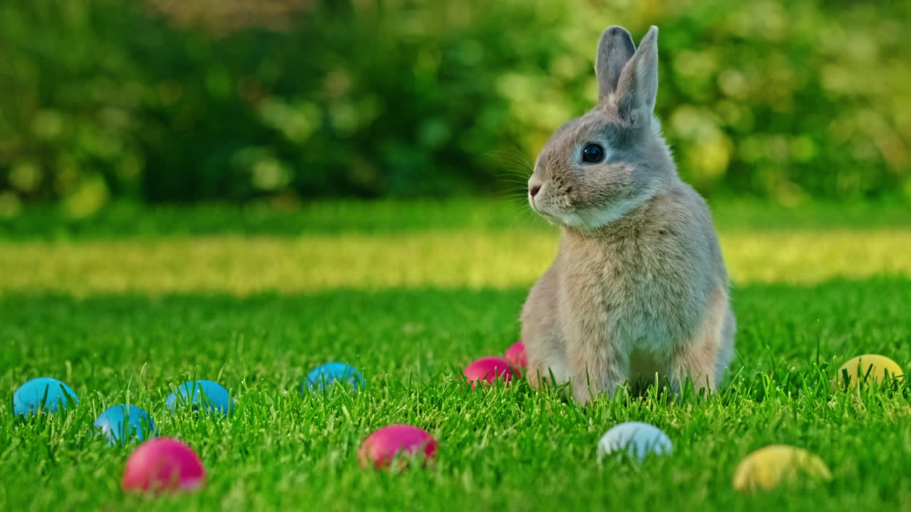conejo de pascua en un jardín con huevos