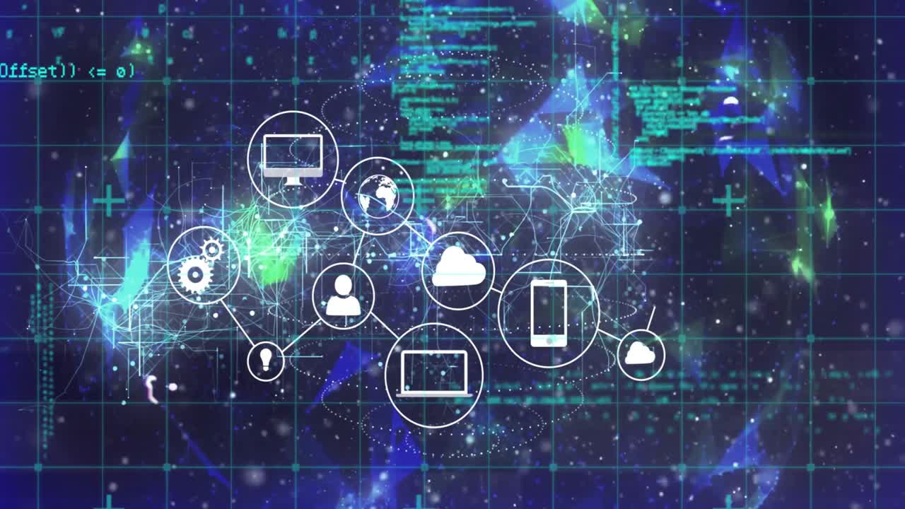 Interconnected computing icons showing network scene, with glowing data streams and code lines