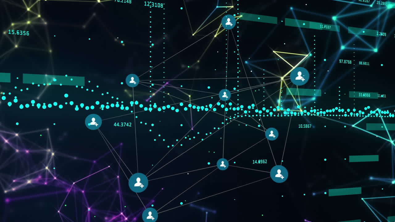 Animation of network of connections with icons over data processing