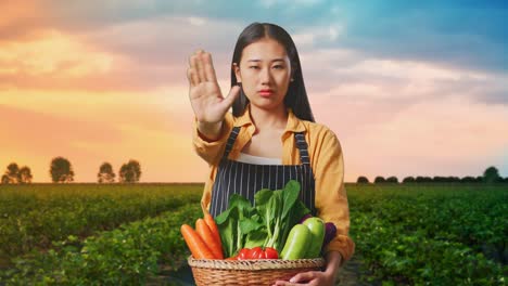 asian female farmer with vegetable basket showing stop, one hand gesture standing in field