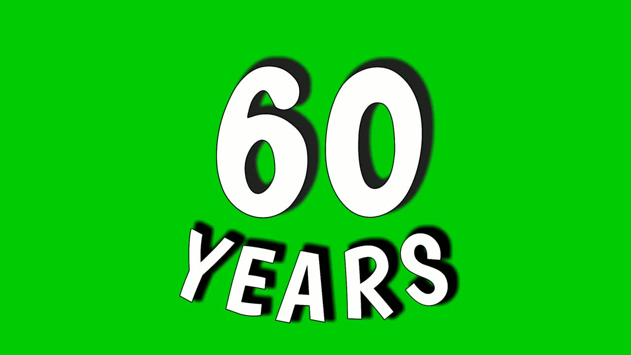 Animazione testuale di 60 anni in motion graphics su schermo verde. Concetto di celebrazione dei sessant'anni, anniversario, compleanno. Sfondo chroma key