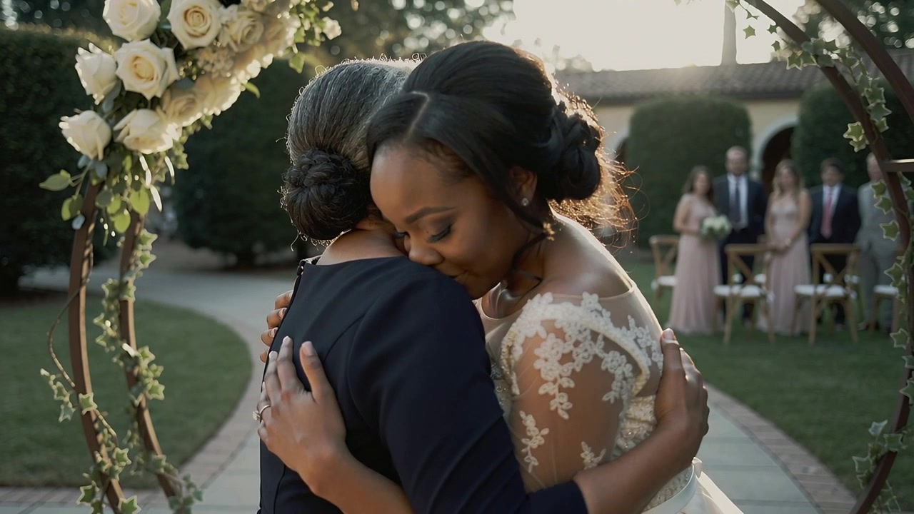 Bride in white gown hugging mother in navy dress after vows at courtyard, floral arch framing