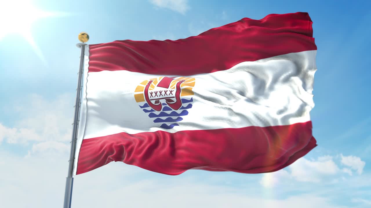 프랑스 폴리네시아의 발이 파란 하늘을 배경으로 바람에 흔들리고 있습니다.국가 테마, 국제 개념. 3d 렌더리 원활한 루프 4k