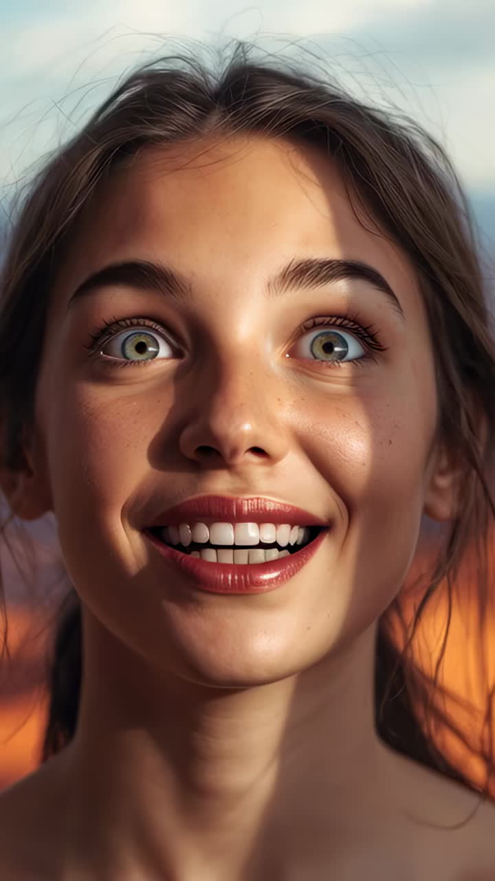 Vertical video: Smiling teenage girl reacting to golden-hour light, smile easing while looking up