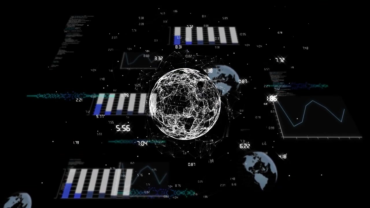 Animation of white globe over graphs, globes and processing data on black background