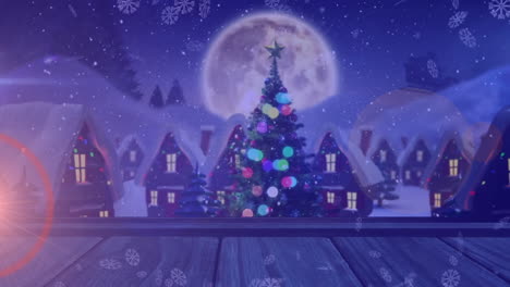 Animation-Fallender-Schneeflocken-über-Weihnachtsdorf-Auf-Violettem-Hintergrund