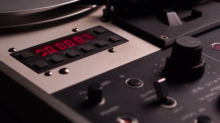 Avvio della riproduzione o della registrazione su nastro audio a bobina, contatore del tempo di un magnetofono professionale, primo piano