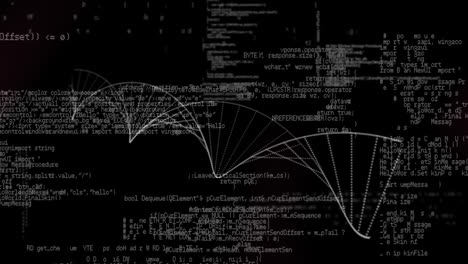 digital animation of dna structure spinning against data processing on purple background
