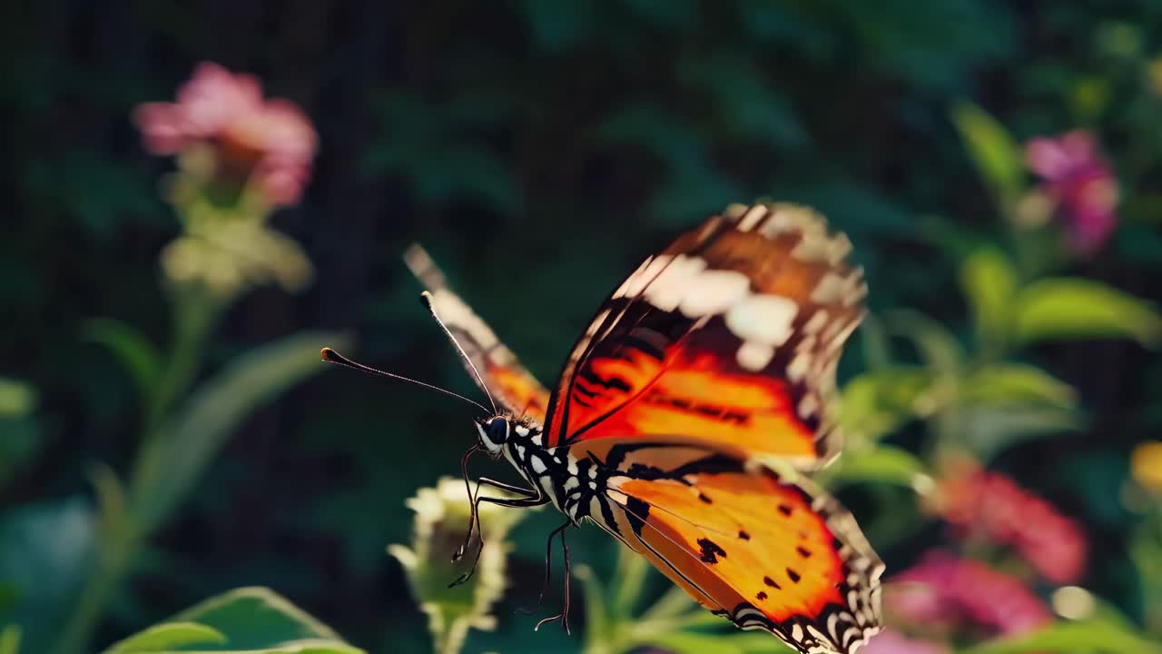 Un video ravvicinato cattura una farfalla in volo, circondata da fiori vivaci, con la luce del sole